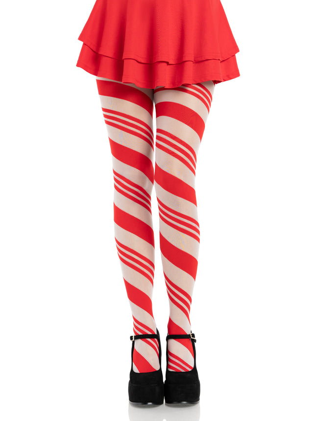 Spandex Sheer Candy Striped Tights - Red/White - O/S