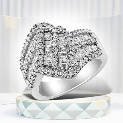 14K White Gold 1-1/2 Cttw Round and Baguette Diamond Bypass Cocktail Ring Band (H-I Color, SI1-SI2 Clarity) - Size 7