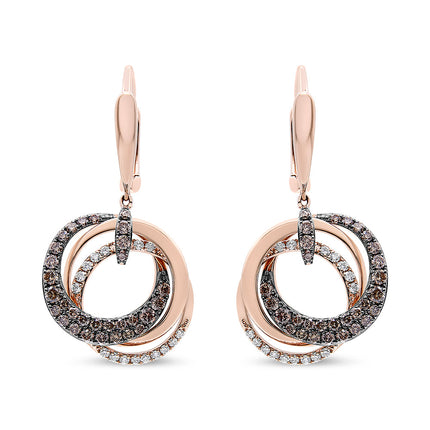 14K Rose Gold 1.00 Cttw White and Brown Diamond Intertwining Hoops and Circle Dangle Earrings (H-I/Brown Color, SI1-SI2 Clarity)