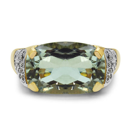 14K Yellow Gold Plated 6.81 Carat Genuine Green Amethyst & White Topaz .925 Sterling Silver Ring