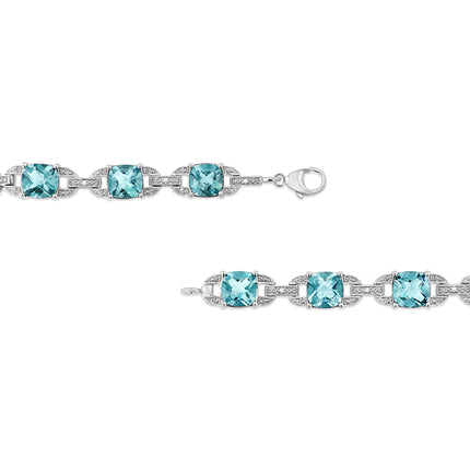 Blue Topaz & Diamond Tennis Bracelet in 925 Sterling Silver – Cushion Cut Gemstone 7"