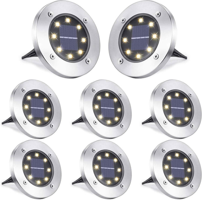 8-Pack: 8 LED Solar Disk Lights Waterproof Garden In-ground Pathway Lights