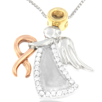 10K Tri-Color Gold Diamond-Accented Angel Awareness Ribbon Pendant Necklace (H-I Color, I1-I2 Clarity)