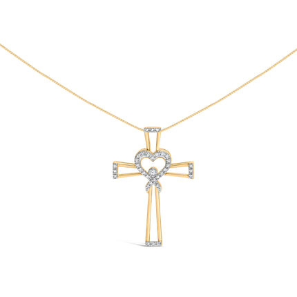 14K Yellow Gold Plated .925 Sterling Silver 1/6 Cttw Diamond Interlocking Heart and Ribbon Cross Pendant Necklace (H-I Color, I2-I3 Clarity) - 18" Inches