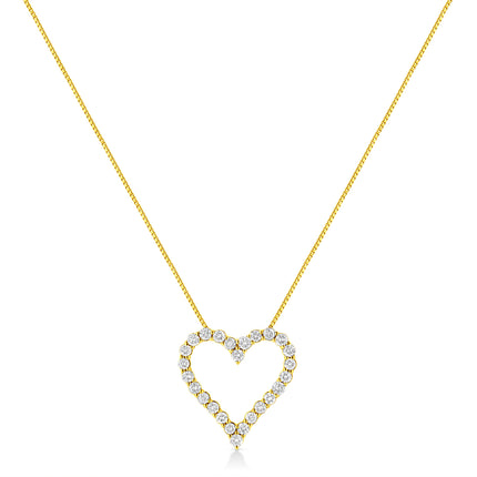 14K Yellow Gold Plated .925 Sterling Silver 2.00 Cttw Shared Prong-Set Round Brilliant-Cut Diamond Open Heart 18" Pendant Necklace (K-L Color, I2-I3 Clarity)