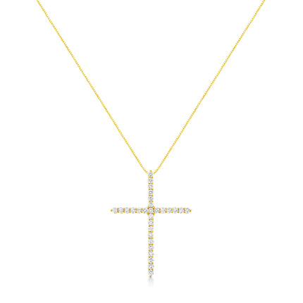 10K Yellow Gold Plated .925 Sterling Silver 3.0 Cttw Prong-Set Round Brilliant Cut Diamond Cross 18" Pendant Necklace (J-K Color, I1-I2 Clarity)