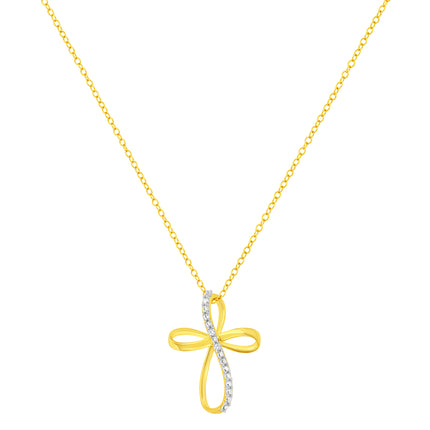 10K Yellow Gold Plated .925 Sterling Silver Diamond Accent Cross Ribbon 18" Pendant Necklace (I-J Color, I2-I3 Clarity)
