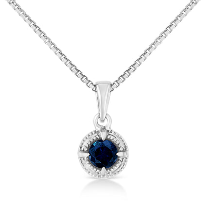 .925 Sterling Silver 3/4 Cttw Treated Blue Diamond Solitaire 18" Milgrain Pendant Necklace (Blue Color, I1-I2 Clarity)