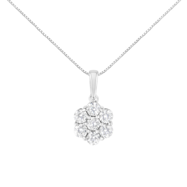 14K White Gold 2.00 Cttw Brilliant Round-Cut Diamond 7 Stone Flower Cluster 18" Pendant Necklace (H-I Color, SI2-I1 Clarity)