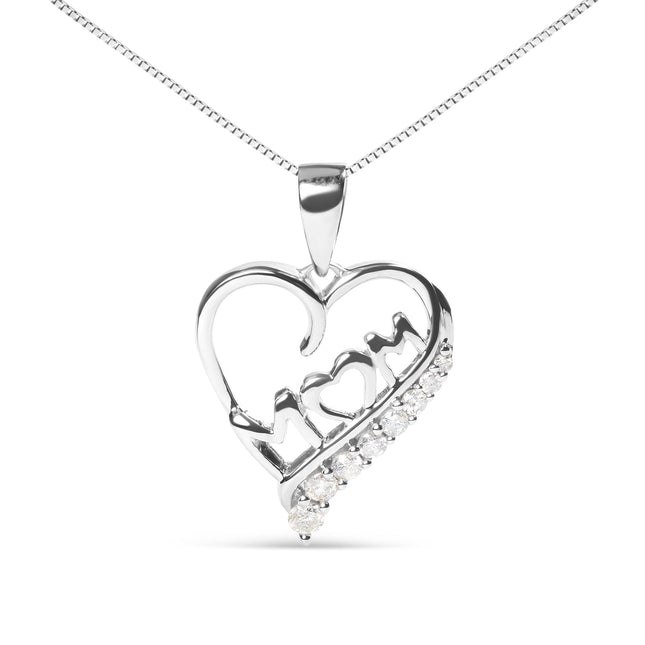 .925 Sterling Silver 1/4 Cttw Diamond  "Mom" and Open Heart 18" Pendant Necklace (I-J Color, I2-I3 Clarity)