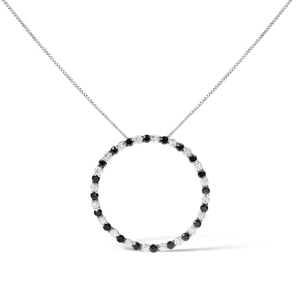 .925 Sterling Silver 2.0 Cttw Alternating Black and White Diamond Open Hoop Circle Pendant Necklace (H-I Color, I2-I3 Clarity) - 18" Inches
