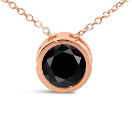 14K Rose Gold 3 1/2 Cttw Bezel-Set Black Round Diamond Solitaire Pendant Necklace (Black Color, I2-I3 Clarity) - 18"