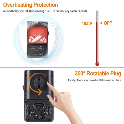 800w Plug-In Space Heater Wall Outlet with 360° Rotatable Plug