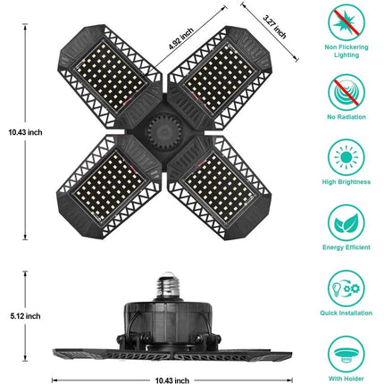 80W Deformable LED Garage Ceiling Lights with 4 Adjustable Panels
