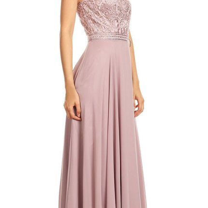 CLEARANCE - Eureka 8111 Chiffon Halter A-line Long Dress Lace Appliqued Bodice (Size L)