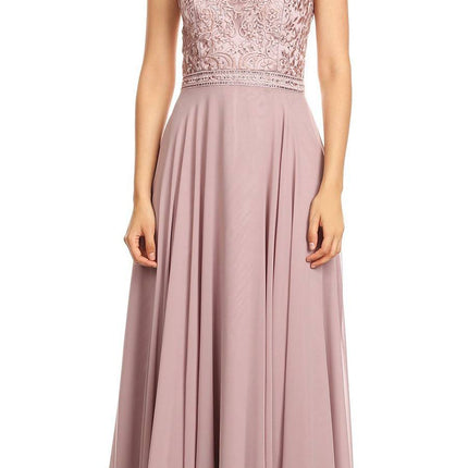 CLEARANCE - Eureka 8111 Chiffon Halter A-line Long Dress Lace Appliqued Bodice (Size L)