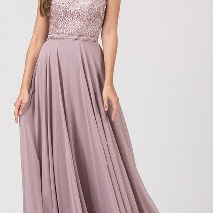 CLEARANCE - Eureka 8111 Chiffon Halter A-line Long Dress Lace Appliqued Bodice (Size L)