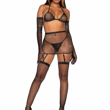 5 PC Rhinestone Fishnet Bikini Top, Garter Skirt, G-String Panty, Gloves, and Stockings - Black - O/S