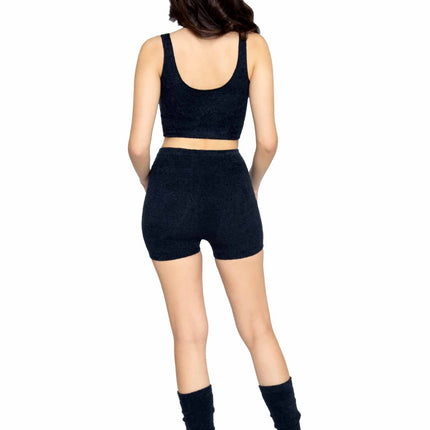 3 PC Ultra-Soft Cozy Knit Cropped Tank, Boyshorts, and Matching Knee Socks. - Black - MED/LGE