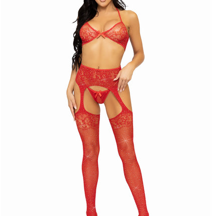 3 PC Rhinestone Lace Bra Top, G-String Panty, and Fishnet Garter Belt Stockings - Red - O/S