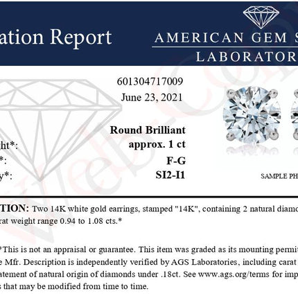 AGS Certified 14K White Gold 1.0 Cttw 4-Prong Set Brilliant Round-Cut Solitaire Diamond Push Back Stud Earrings (F-G Color, SI2-I1 Clarity)
