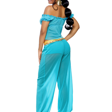 3 PC Arabian Beauty Costume, Includes Coin Trimmed Off-Shoulder Top with Jewel Detail, Harem Pants with Built-in Panty, and Headband - Turquoise - LARGE