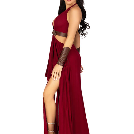 4 PC Warrior Maiden Costume, Includes Gauze Cut Out O-Ring Dress, Shoulder Harness, Headband, and Matching Arm Cuffs - Burgundy - SMALL