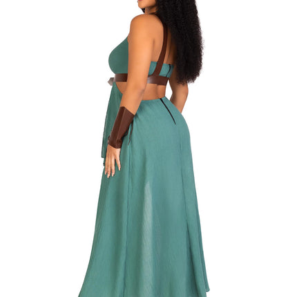4 PC Warrior Maiden Costume, Includes Gauze Cut Out O-Ring Dress, Shoulder Harness, Headband, and Matching Arm Cuffs - Green - SMALL