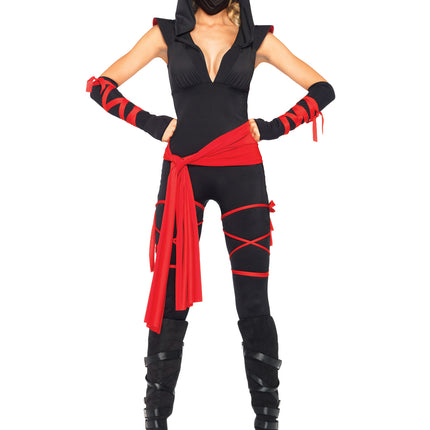 4 PC Deadly Ninja Costume, Includes Deep-V Jumpsuit with Shoulder Guards, Waist Sash, Arm Warmers with Attached Wraps, Face Mask, and Attached Leg Wraps - Black/Red - MEDIUM