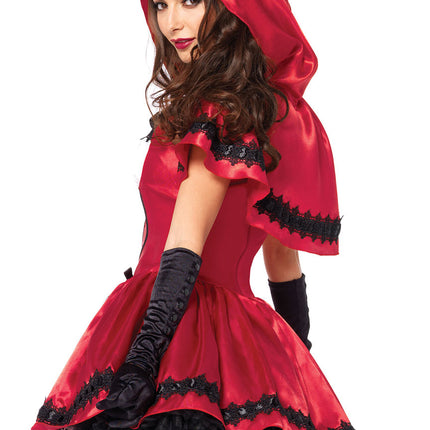 2 PC Gothic Red Riding Hood Costume, Includes Satin and Brocade Peasant Dress with Woven Ribbon Venice Lace Trim and Hooded Cape - Red/White - SMALL