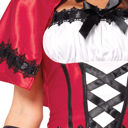 2 PC Gothic Red Riding Hood Costume, Includes Satin and Brocade Peasant Dress with Woven Ribbon Venice Lace Trim and Hooded Cape - Red/White - LARGE