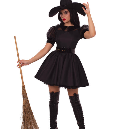 3 PC Bewitching Witch Costume, Includes Vintage Inspired Dress with Organza and Velvet Collard Bodice, Wide Belt, and Witch Hat - Black - MEDIUM