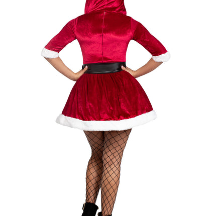 2 PC Mrs. Claus Costume, Includes Velvet Hooded Dress with Faux Fur Trim and Oversized Belt - Red/White - X-LARGE