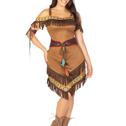 4 PC Native Princess Costume, Includes Ribbon Trimmed Dress with Fringe Accents, Belt with Leaf Ties, Leaf Arm Band, and Headband - Brown - SML/MED