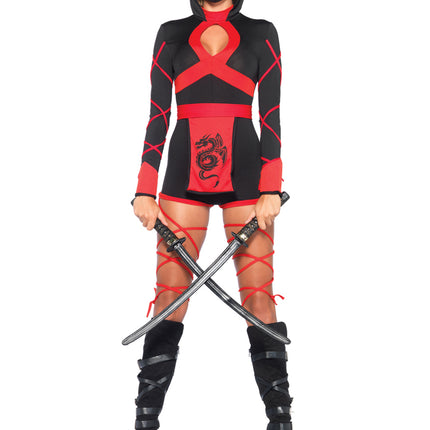 3 PC Dragon Ninja Costume, Includes Hooded Romper with Keyhole Cut-Out, Dragon Print Waist Sash, and Face Mask - Black/Red - SMALL