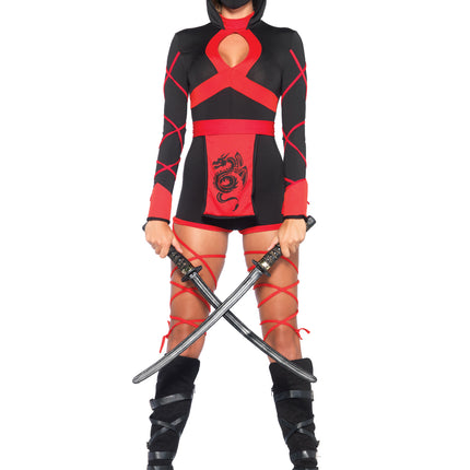 3 PC Dragon Ninja Costume, Includes Hooded Romper with Keyhole Cut-Out, Dragon Print Waist Sash, and Face Mask - Black/Red - SMALL