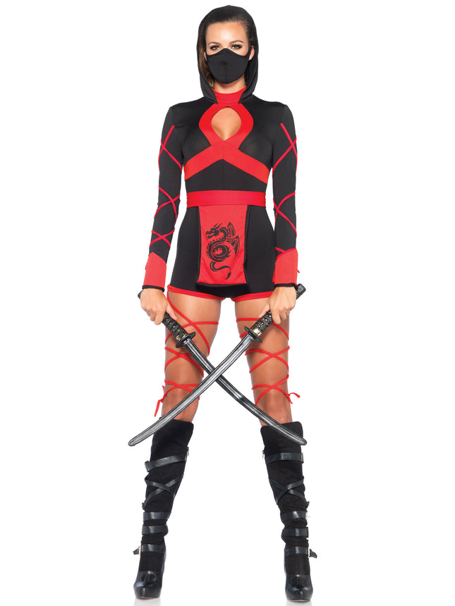 3 PC Dragon Ninja Costume, Includes Hooded Romper with Keyhole Cut-Out, Dragon Print Waist Sash, and Face Mask - Black/Red - MEDIUM