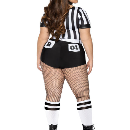 Plus Size 3 PC No Rules Referee Costume, Includes Striped Bodysuit with Back Pocket Accents, Belt, and Choker Collar - Blk/White - 1X-2X