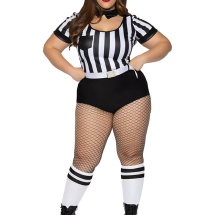 Plus Size 3 PC No Rules Referee Costume, Includes Striped Bodysuit with Back Pocket Accents, Belt, and Choker Collar - Blk/White - 1X-2X