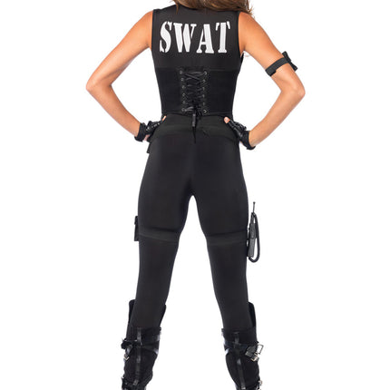 7 PC Deluxe SWAT Commander Costume, Includes Zip Up Catsuit With Badge Detail, Attached Multi-Strap Vest with Corset Cincher Back, Pocket Arm Strap, Belt, Utility Garters, Toy Walkie Talkie, and Hat - Black - LARGE