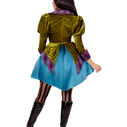 3 PC Deluxe Mad Hatter Costume, Includes High/Low Velvet and Satin Coat Dress with Houndstooth Pickups and Brocade Panel Detail, Lace Ruffle Neck Piece, and Mini Clock Top Hat - Multicolor - SMALL