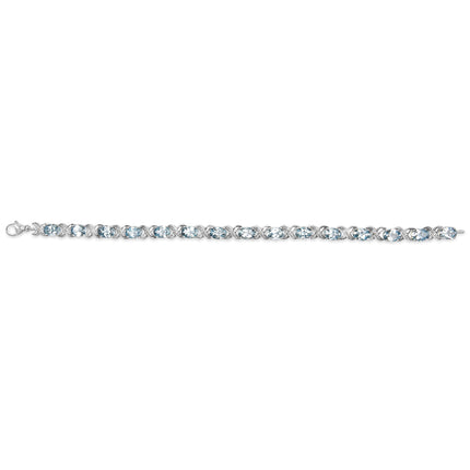 .925 Sterling Silver 16.0 Cttw Oval Blue Topaz and Diamond Accent Tennis X Link Bracelet (I-J Color, I1-I2 Clarity) - Size 7" Inch