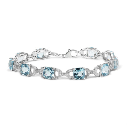 Blue Topaz & Diamond Tennis Bracelet in 925 Sterling Silver – Cushion Cut Gemstone 7"