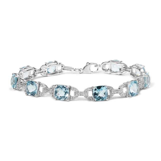 Blue Topaz & Diamond Tennis Bracelet in 925 Sterling Silver – Cushion Cut Gemstone 7"