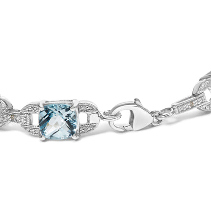 Blue Topaz & Diamond Tennis Bracelet in 925 Sterling Silver – Cushion Cut Gemstone 7"