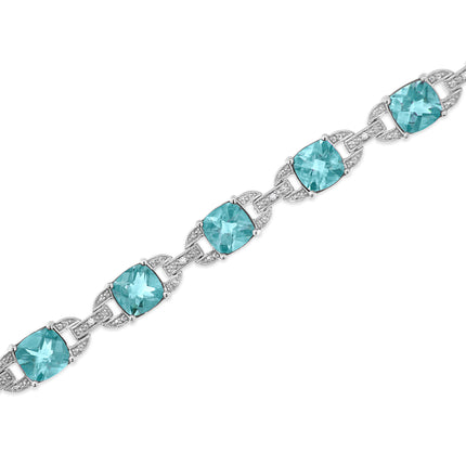 Blue Topaz & Diamond Tennis Bracelet in 925 Sterling Silver – Cushion Cut Gemstone 7"