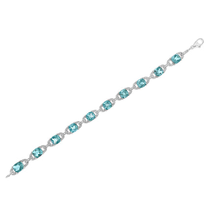 Blue Topaz & Diamond Tennis Bracelet in 925 Sterling Silver – Cushion Cut Gemstone 7"