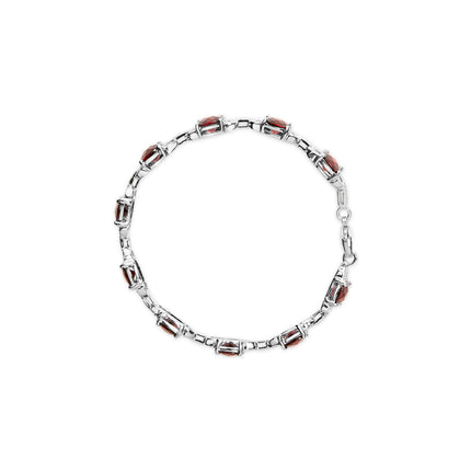 .925 Sterling Silver 7x7mm Checkered Cushion Red Garnet and Diamond Accent Fashion Tennis Link Bracelet (I-J Color, I1-I2 Clarity) - Size 7" Inch