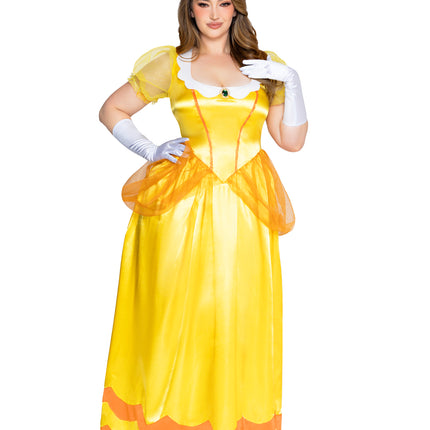 Plus Size 3 PC Classic Sunflower Princess Costume, Includes Long Satin Gown with Iridescent Glitter Tulle Pannier Accents, Petticoat, and Crown Headband. - Yellow/Ora - 1X-2X