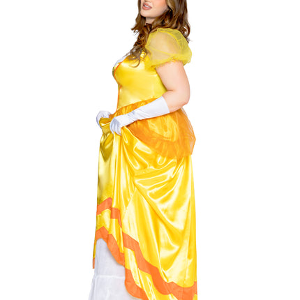 Plus Size 3 PC Classic Sunflower Princess Costume, Includes Long Satin Gown with Iridescent Glitter Tulle Pannier Accents, Petticoat, and Crown Headband. - Yellow/Ora - 3X-4X